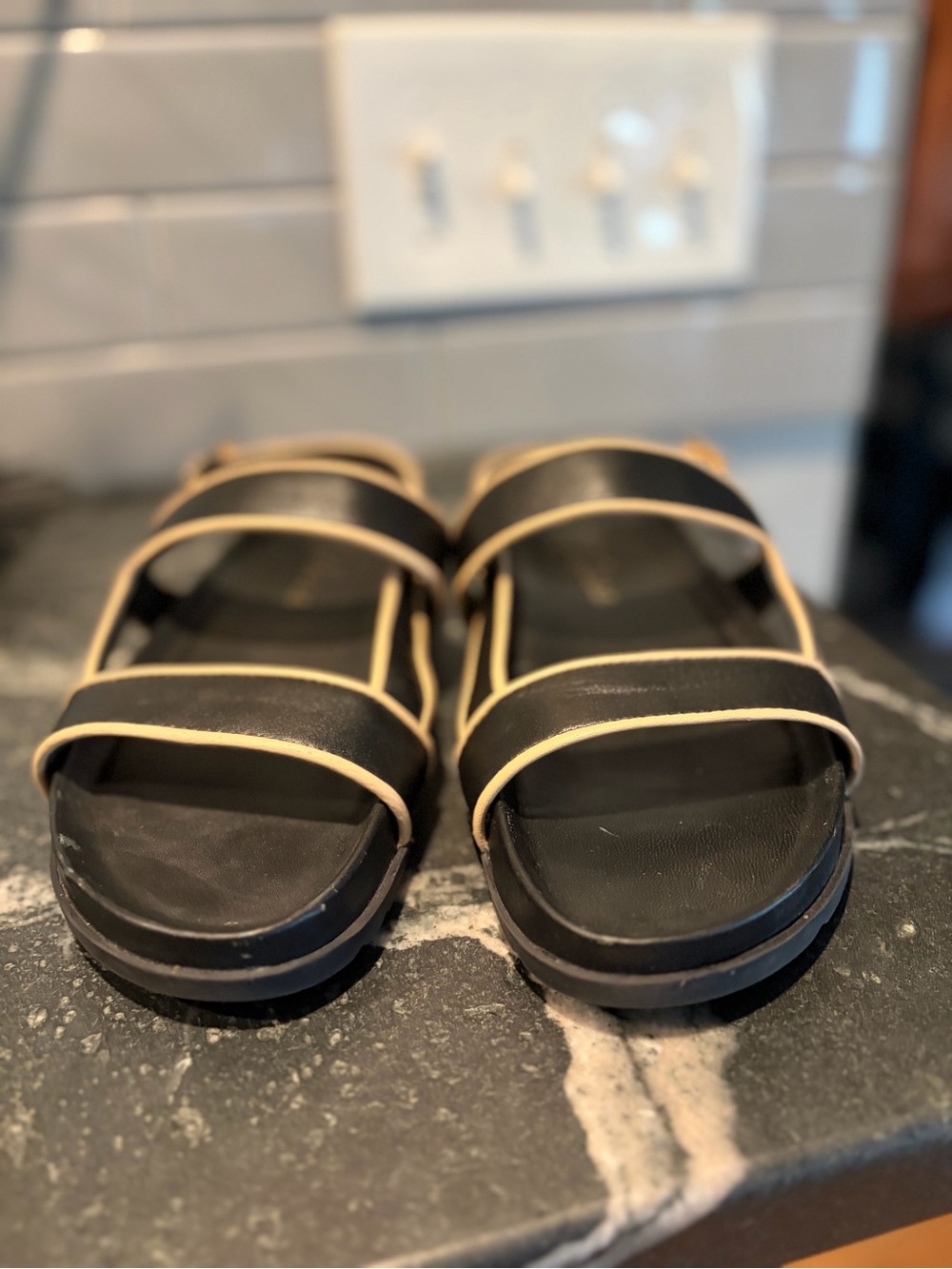 Matisse Black Leather Sandals with Cream Trim - Picture 4 of 6